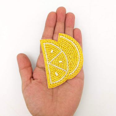 Sliced Lemon Beaded Applique, Hand Embroidered In Yellow Beads, Beaded Motif